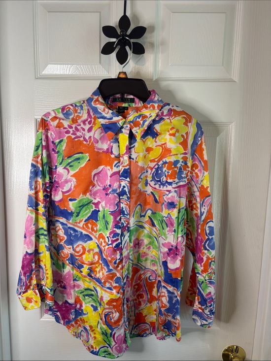 Ralph Lauren Tops - Ralph Lauren Bright Floral Multi-Color Button Down 3/4 Sleeve Shirt XL